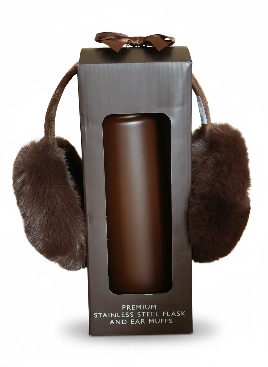 Brown insulated flask in a windowed gift box with a ribbon detail and matching brown earmuffs