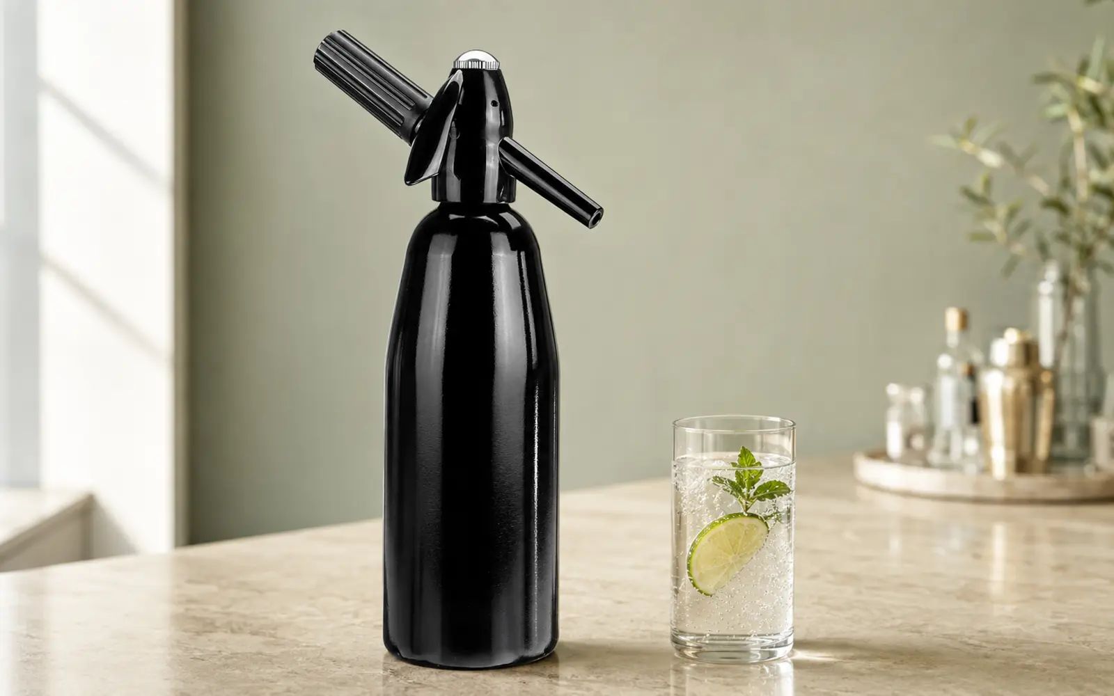 Black soda siphon beside a glass of sparkling water.