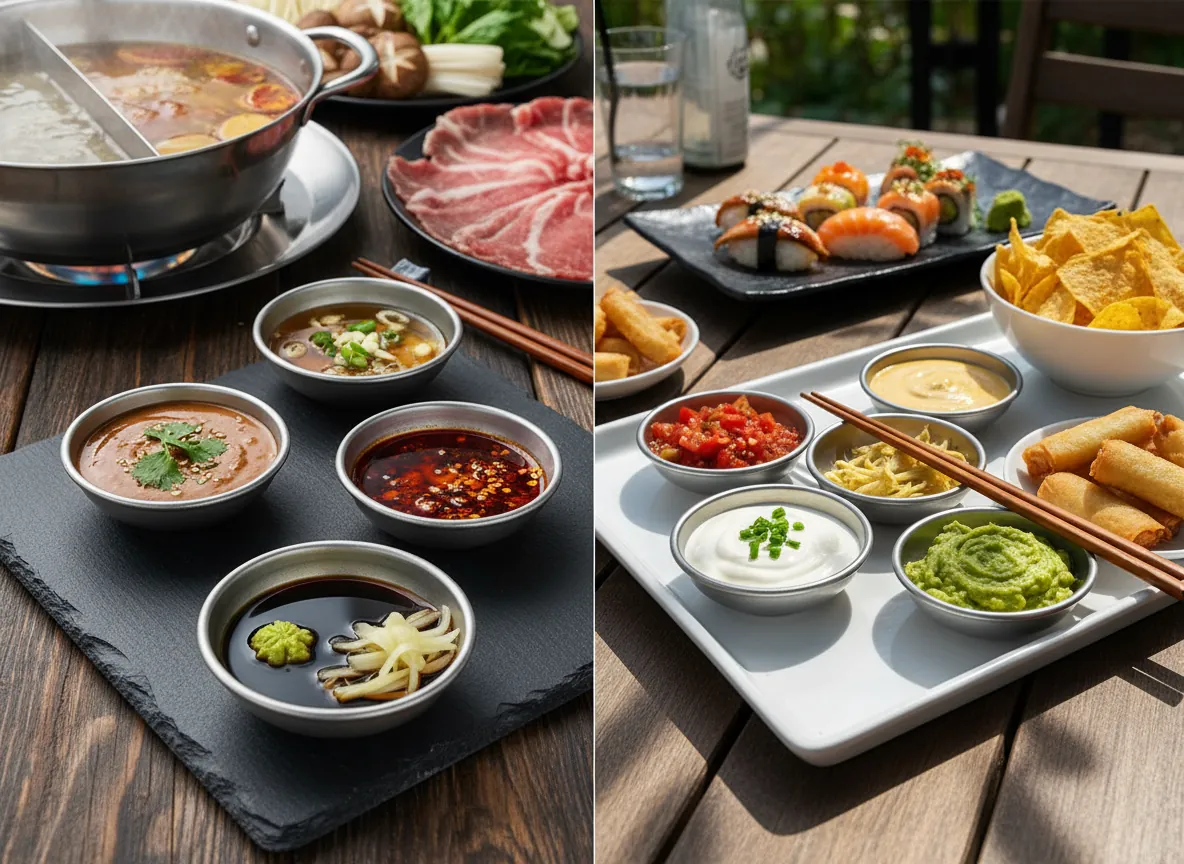 MX-DB01 bowls holding sauces and garnishes beside plates of food on a table.