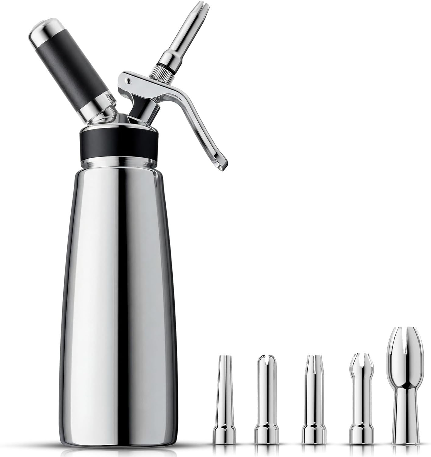 MX-500SSM silver 500 ml mirror-finish single-layer stainless steel cream whipper with zinc alloy charger holder and nozzle accessories on a white background
