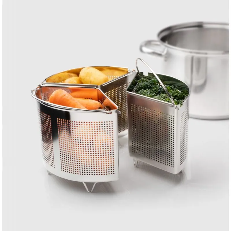 MX-DB01B divided basket sections holding vegetables beside a metal cooker.