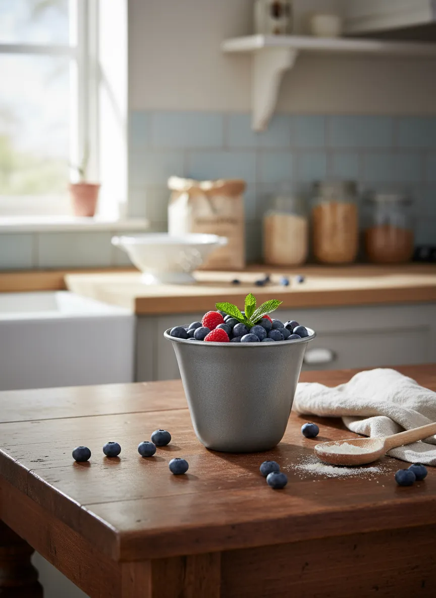 MX-FB01 vintage stainless steel serving cup filled with berries