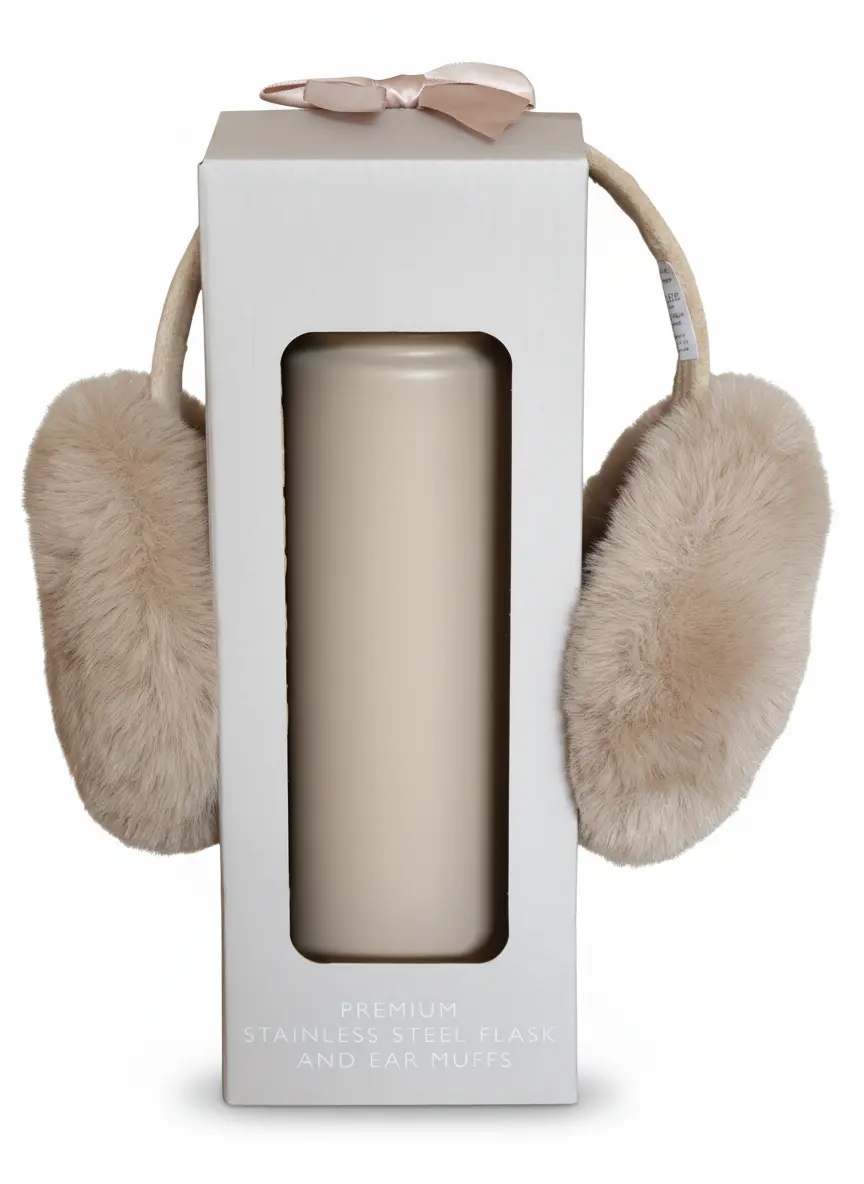 Neutral beige insulated flask in a windowed gift box with a ribbon detail and matching beige earmuffs