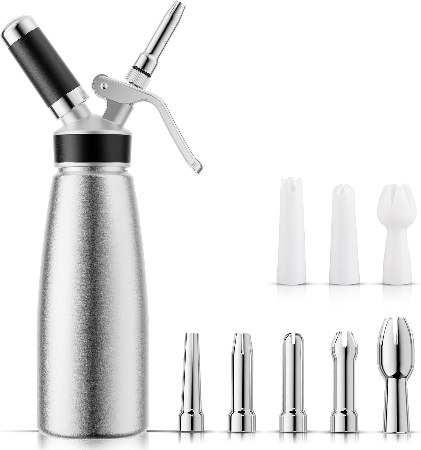 MX-500SSZ silver 500 ml stainless steel cream whipper with zinc alloy charger holder and nozzle accessories on a white background