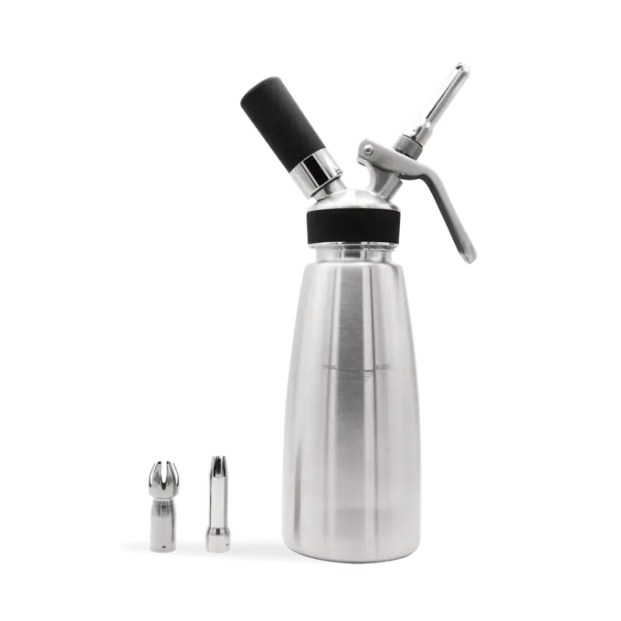 Stainless steel cream whipper with branded black silicone components and marking on the product body