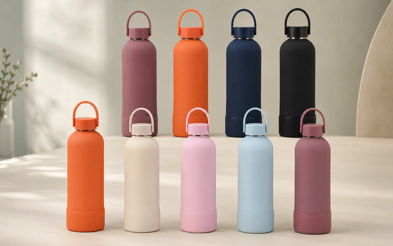 Reusable water bottles with loop lids in a range of colours.