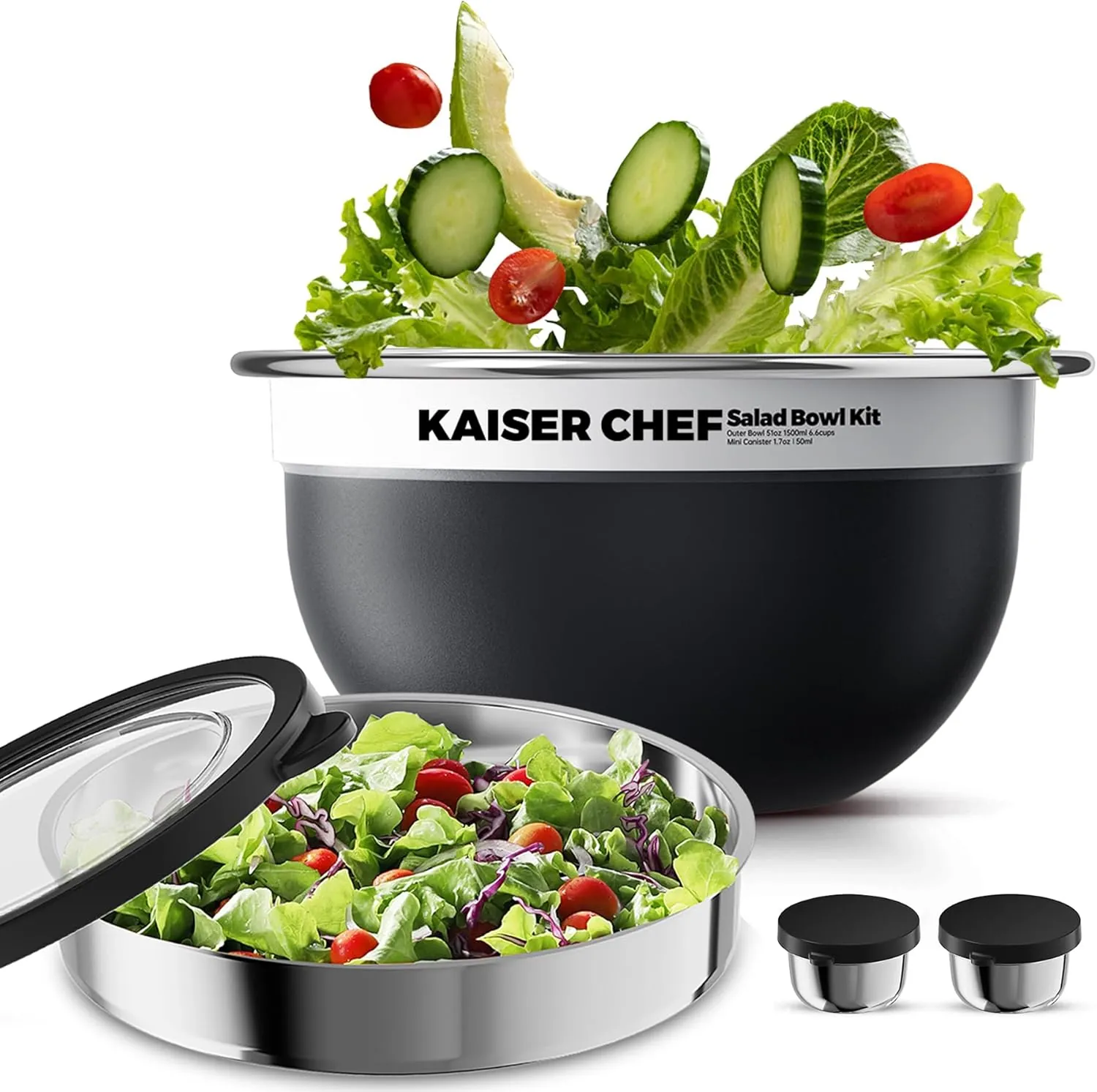 MX-SBKB black bowl kit shown with salad, lid, inner bowl and small dressing cups.