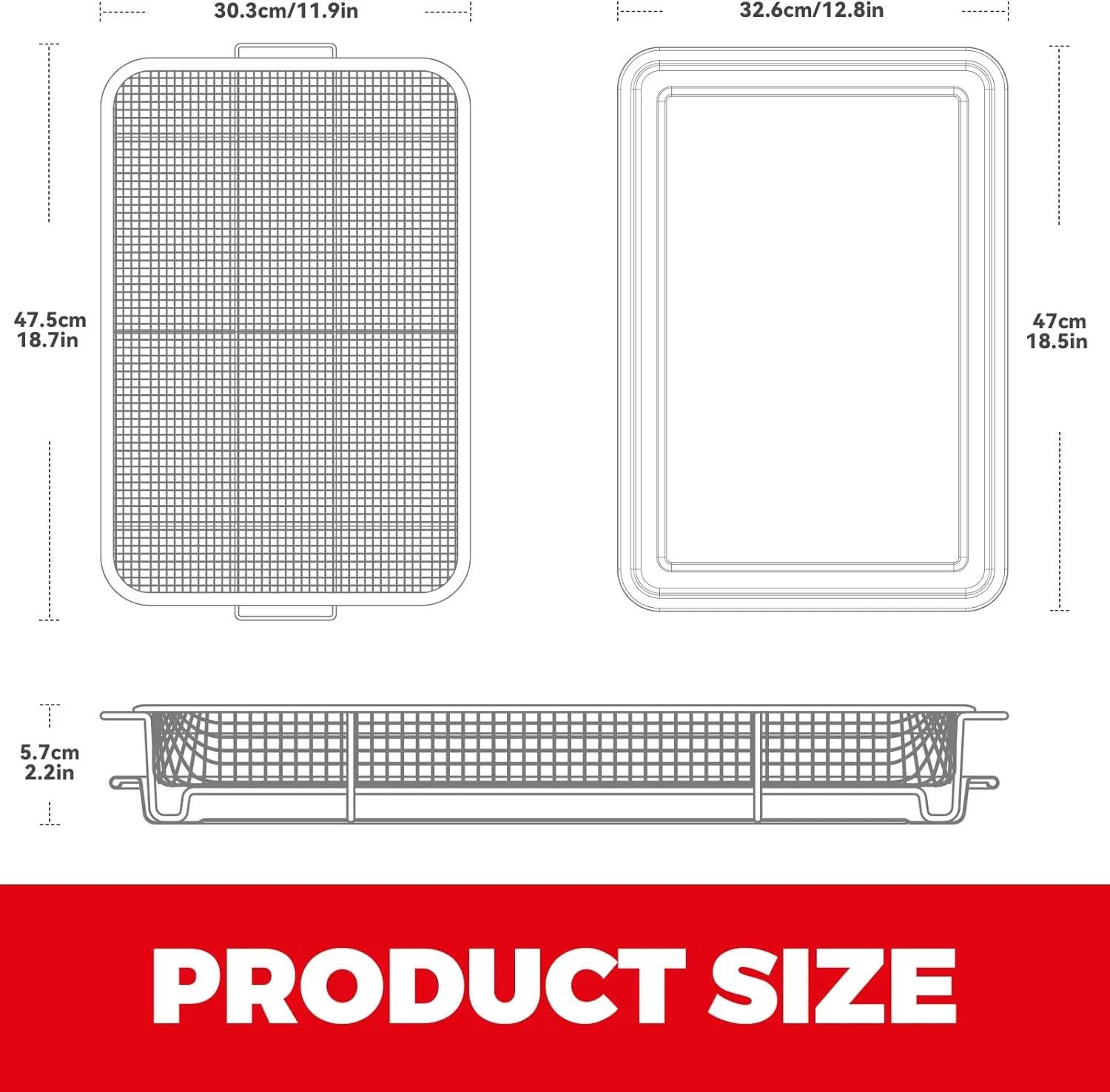 MX-ABT475O large air fryer basket and tray set technical dimension drawing.