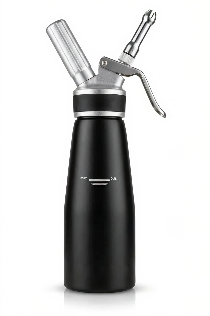 Black cream whipper with contrasting light custom branding on the body