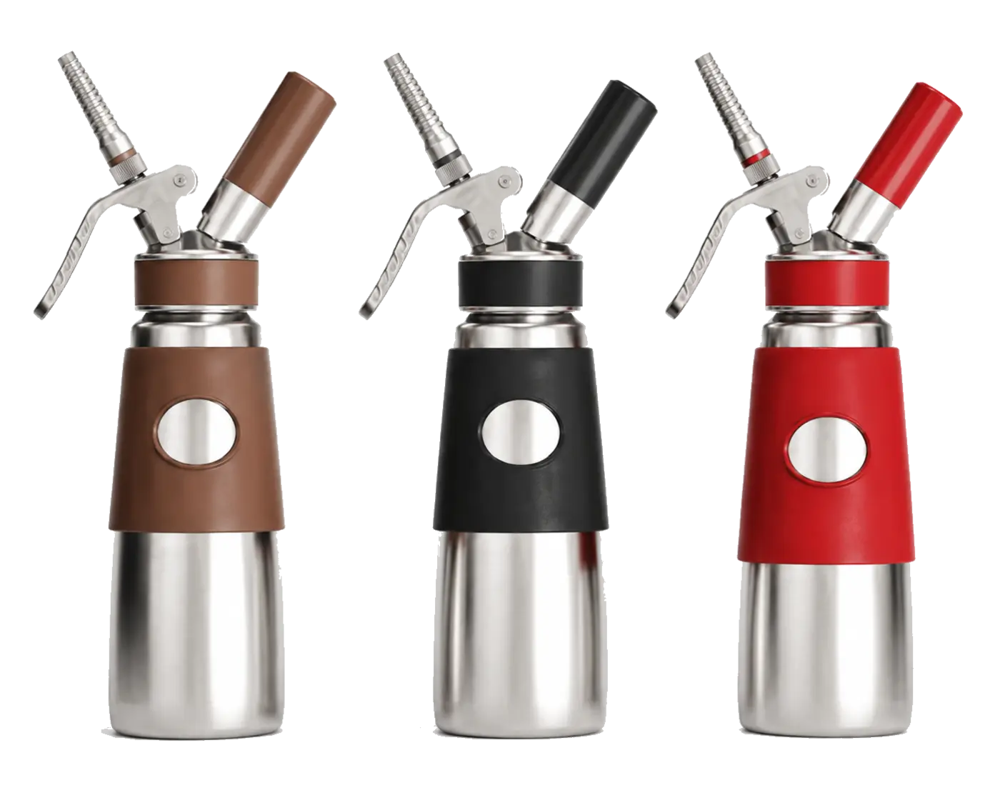 MW-CW500SS2 500 ml 304 stainless steel cream whipper dispensers shown with brown, black and red sleeves