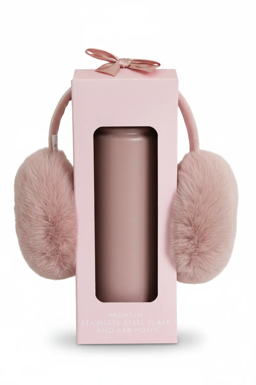 Pink insulated flask in a windowed gift box with a ribbon detail and matching pink earmuffs