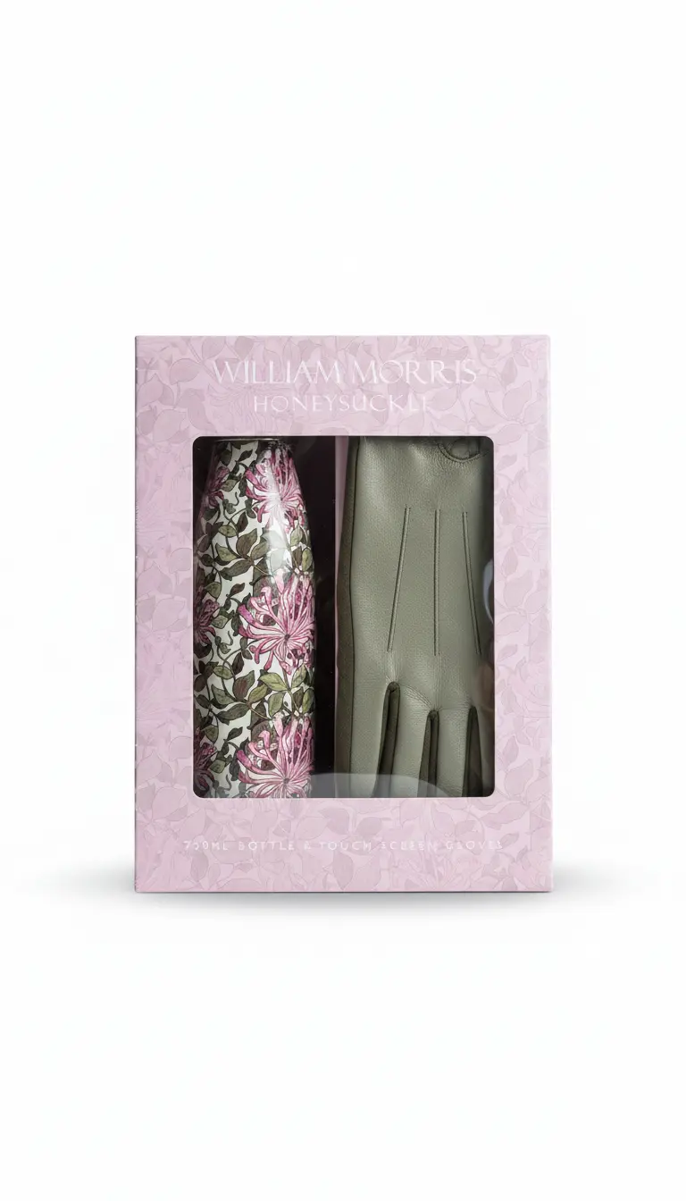 Compact windowed drinkware gift box showing coordinated products and branded artwork