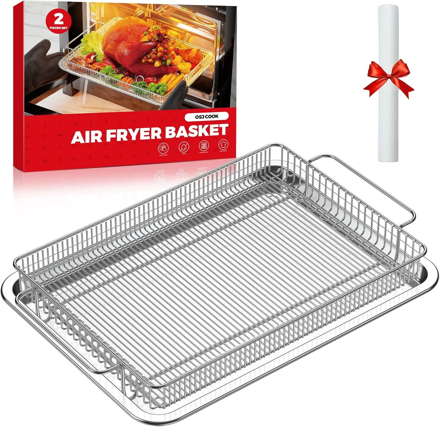 MX-ABT325N medium wire mesh air fryer basket and tray set with packaging.