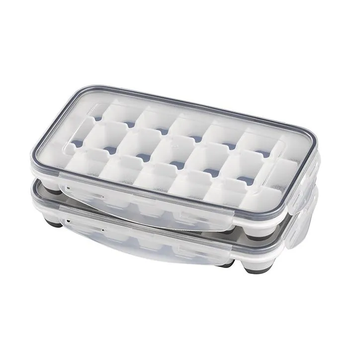 Two stacked Plastic Ice Cube Trays with Lids (MX-ICT25) in white and grey.