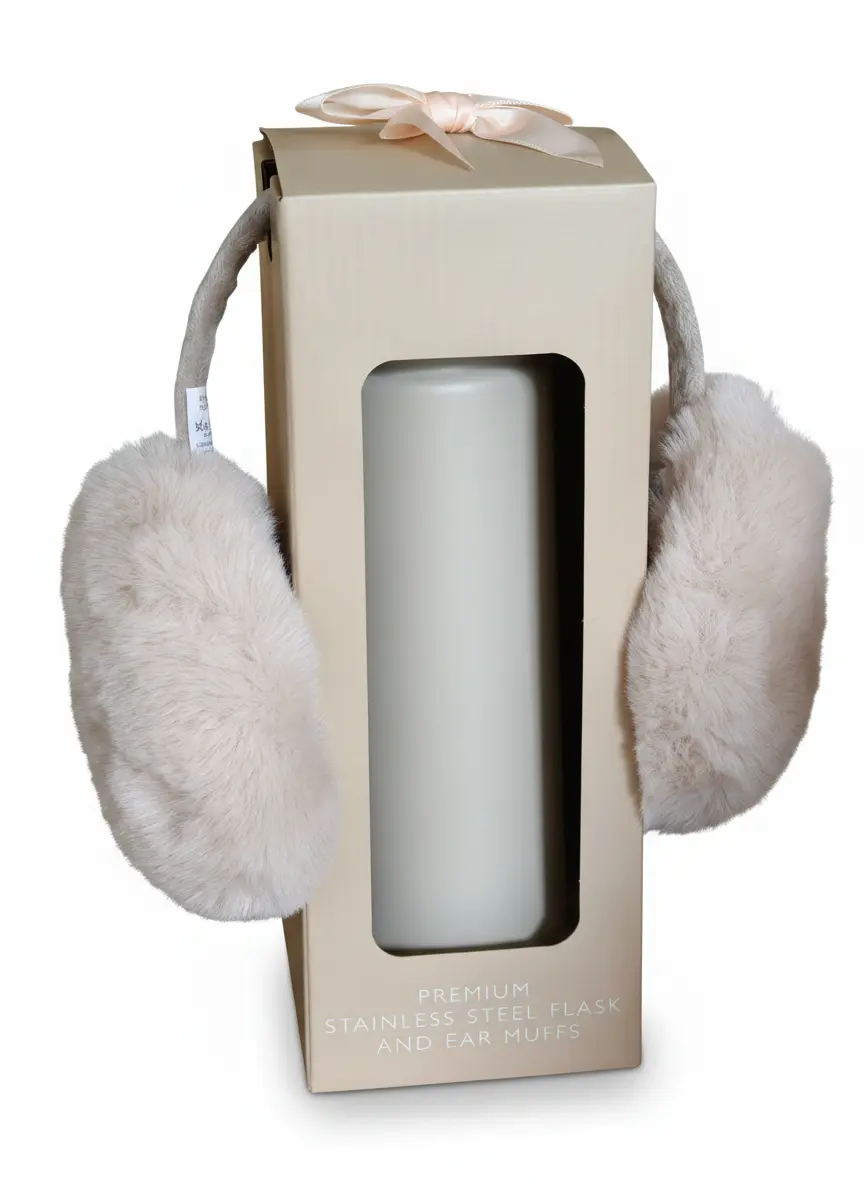 Cream insulated flask in a windowed gift box with a ribbon detail and matching cream earmuffs