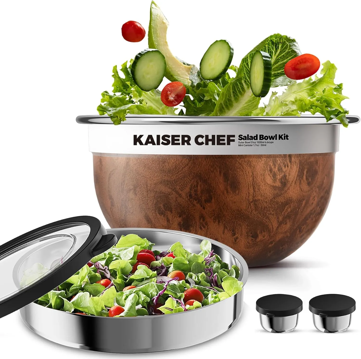 MX-SBKW wood-grain bowl kit shown with salad, lid, inner bowl and small dressing cups.