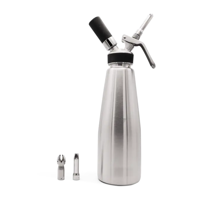 Stainless steel cream whipper of a second structure with branded silicone components and body marking