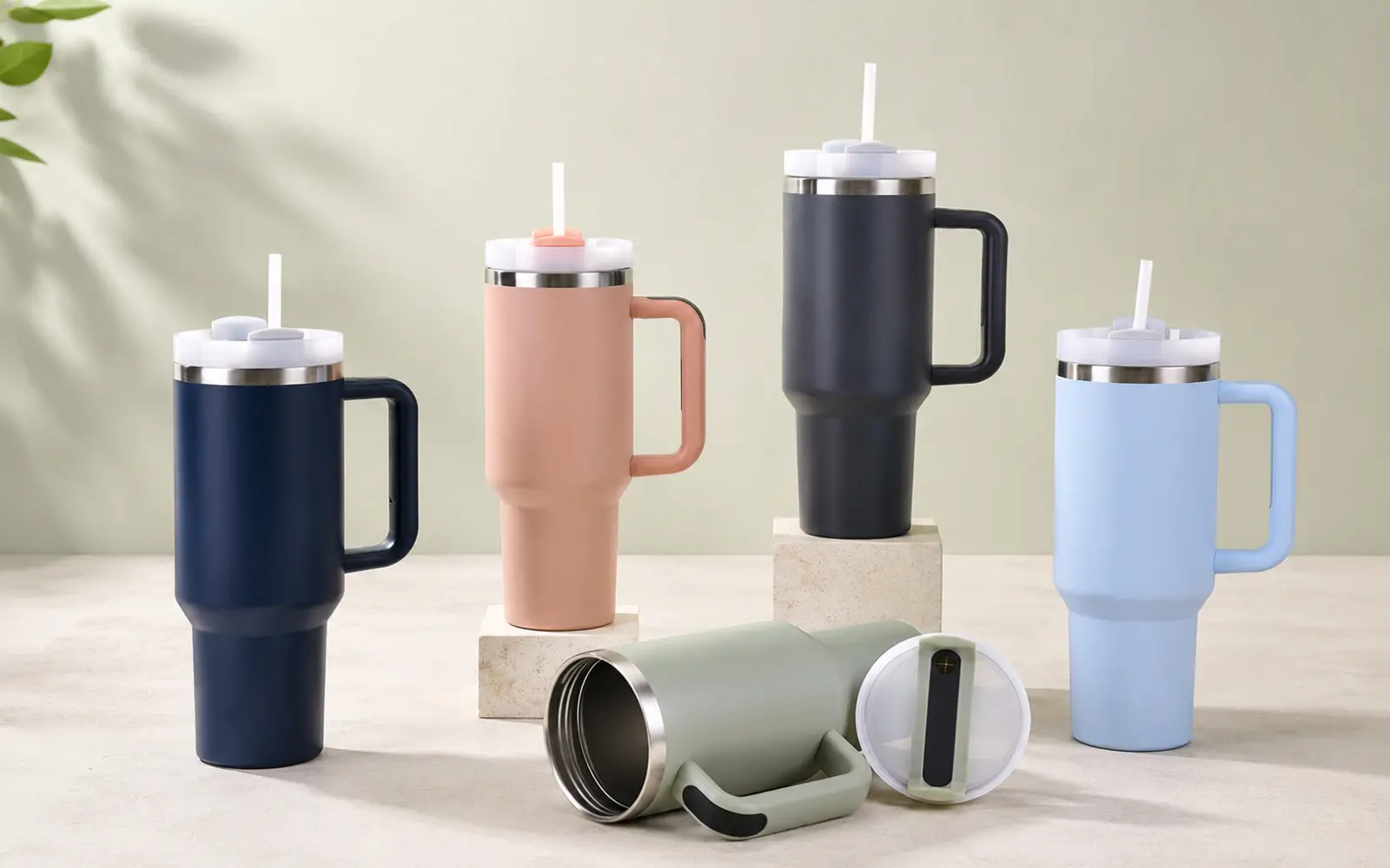 Handled stainless steel tumblers with straw lids in several colours.