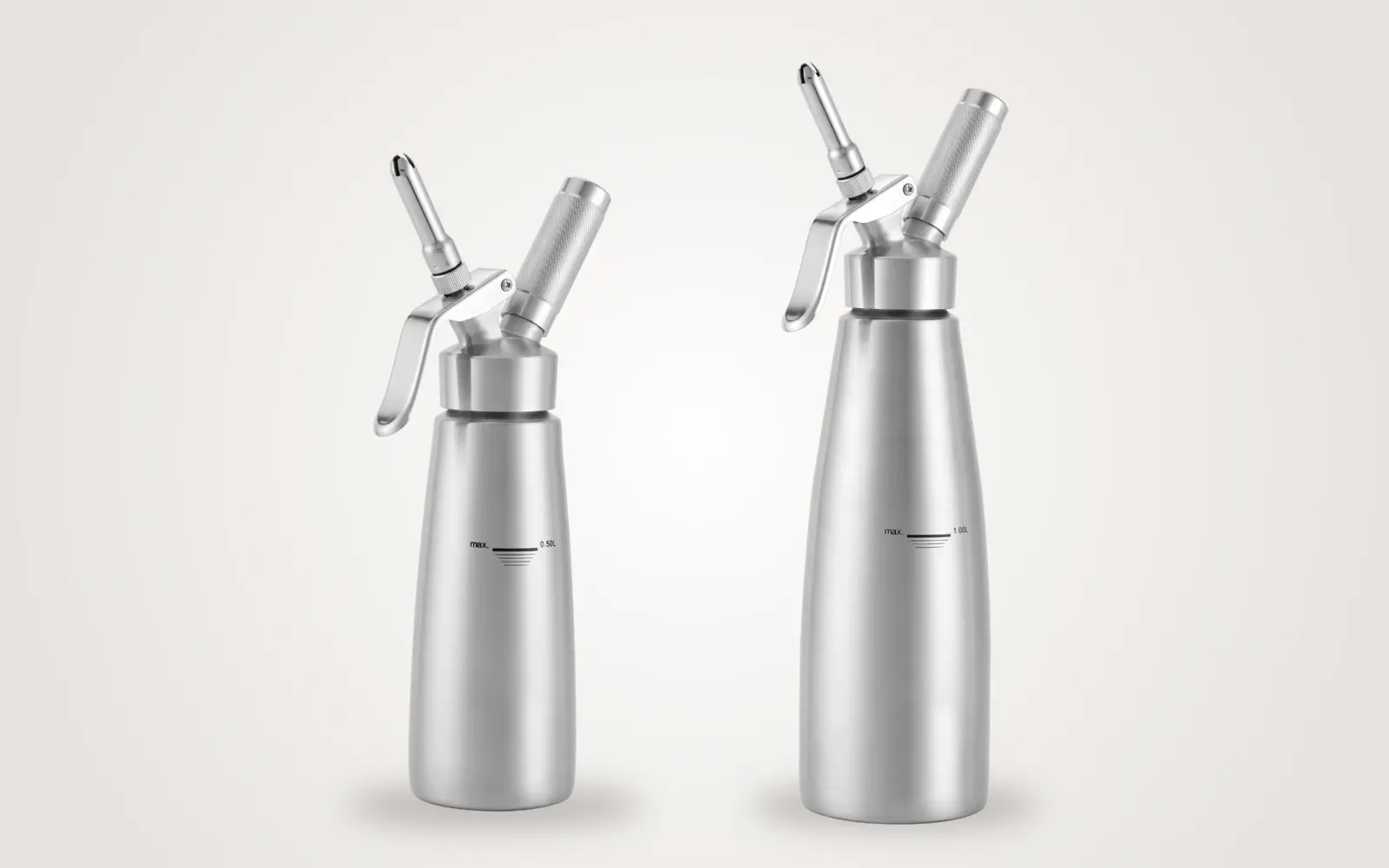 500 ml and 1 L stainless steel cream whipper dispensers.