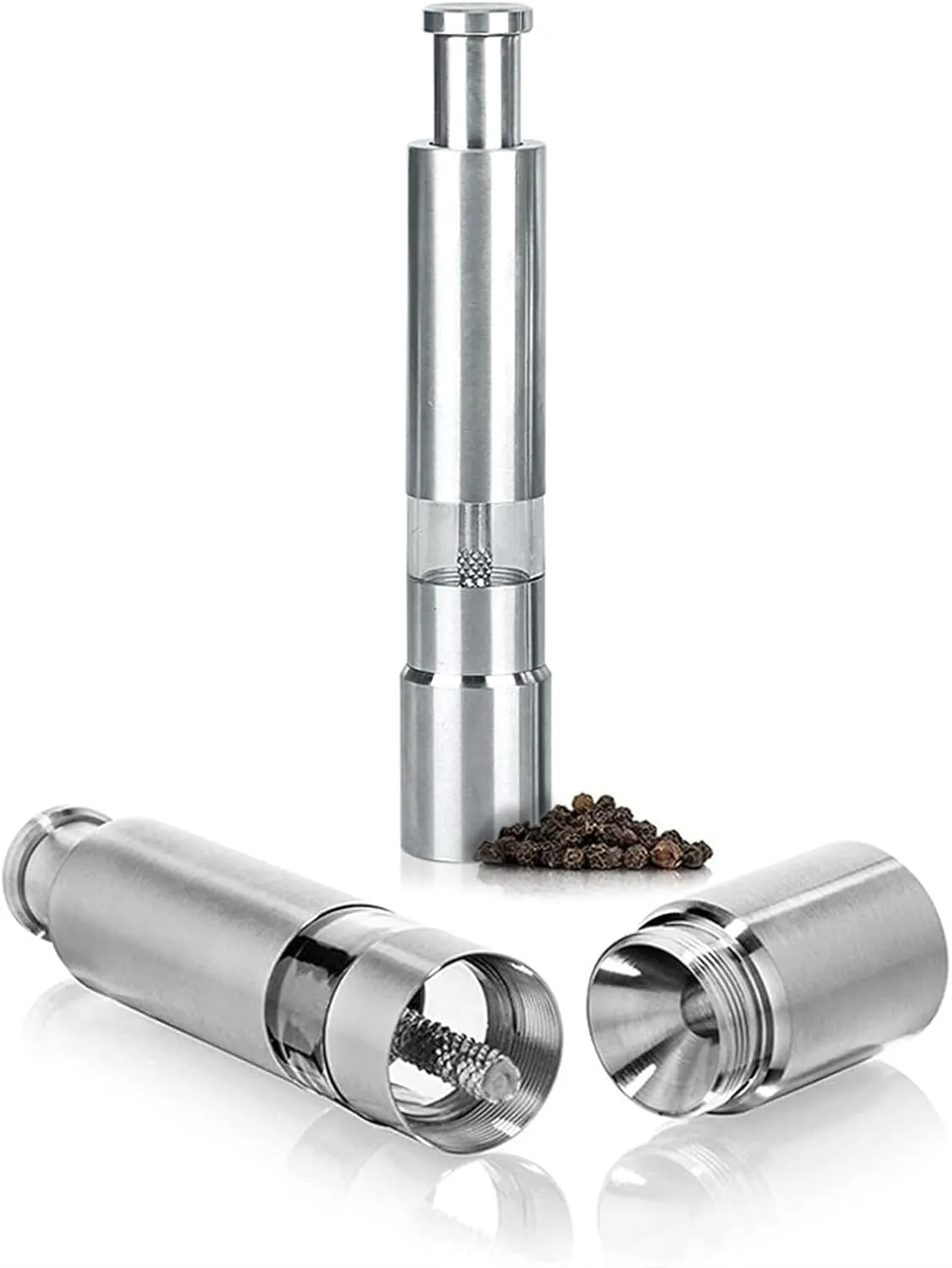 MX-PM15SS mill standing upright with two mills lying down to show their end openings.