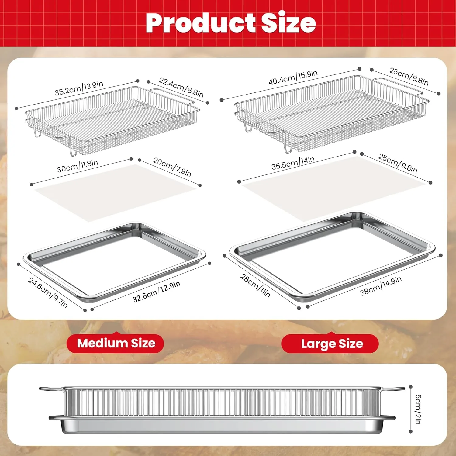MX-ABTNS air fryer basket and tray set size comparison diagram.