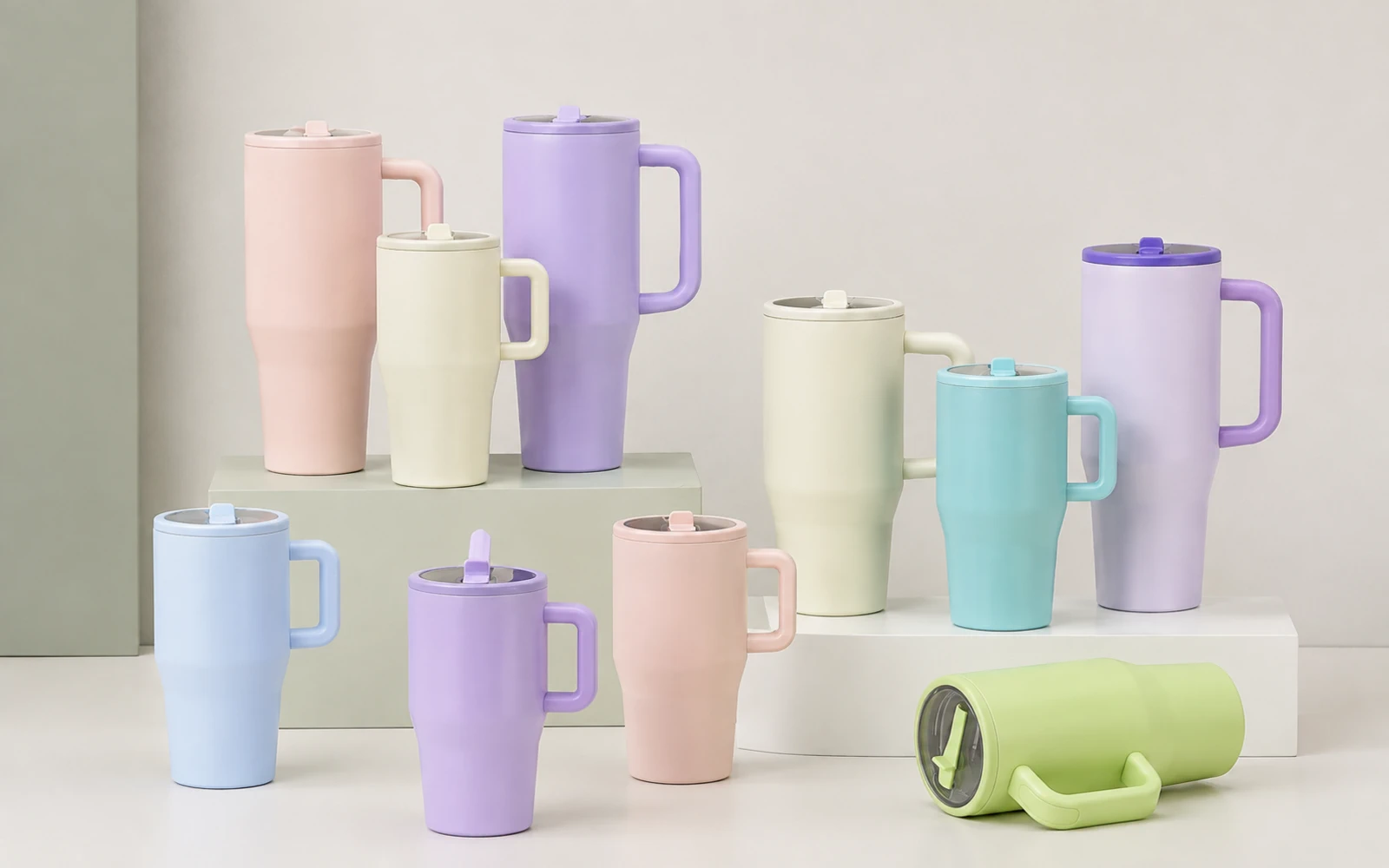 Insulated coffee mugs with lids and handles in assorted colours.