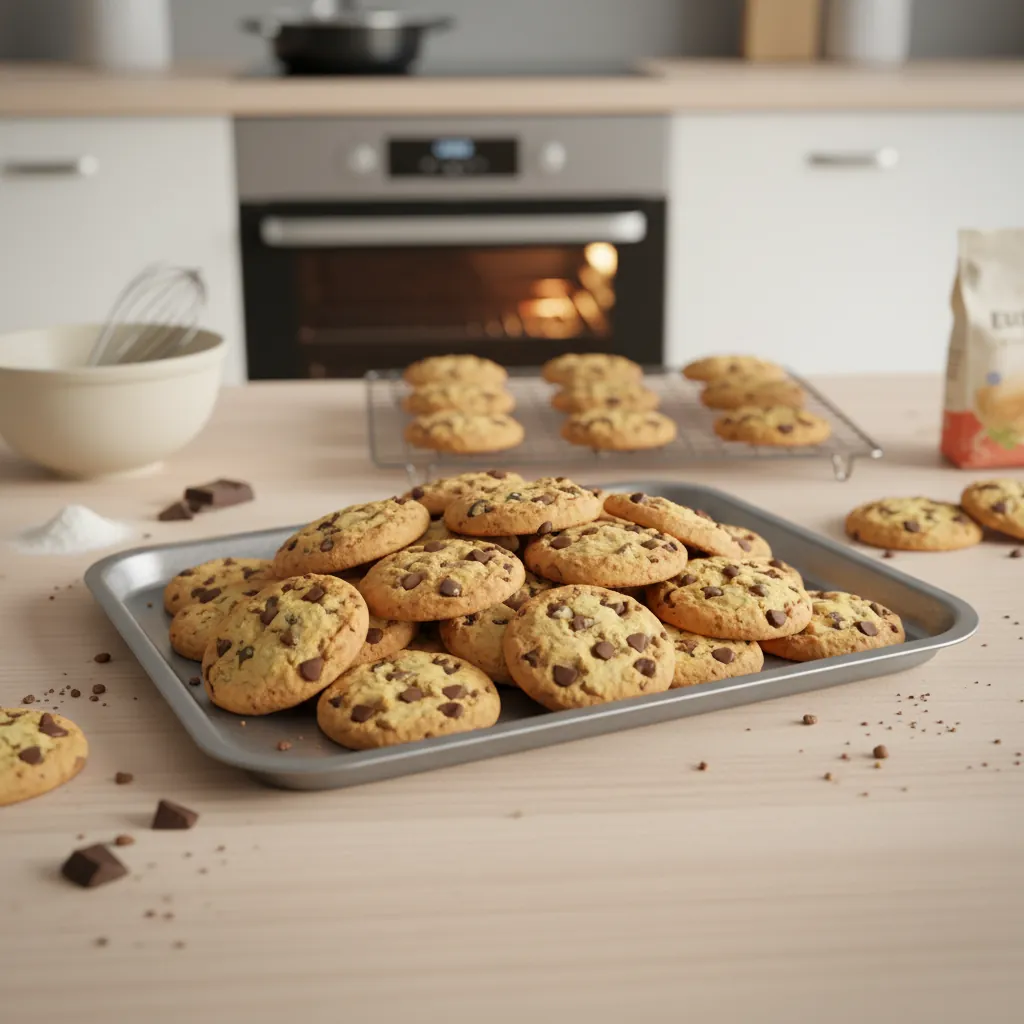 MX-ST01 vintage-finish stainless steel tray with chocolate chip cookies