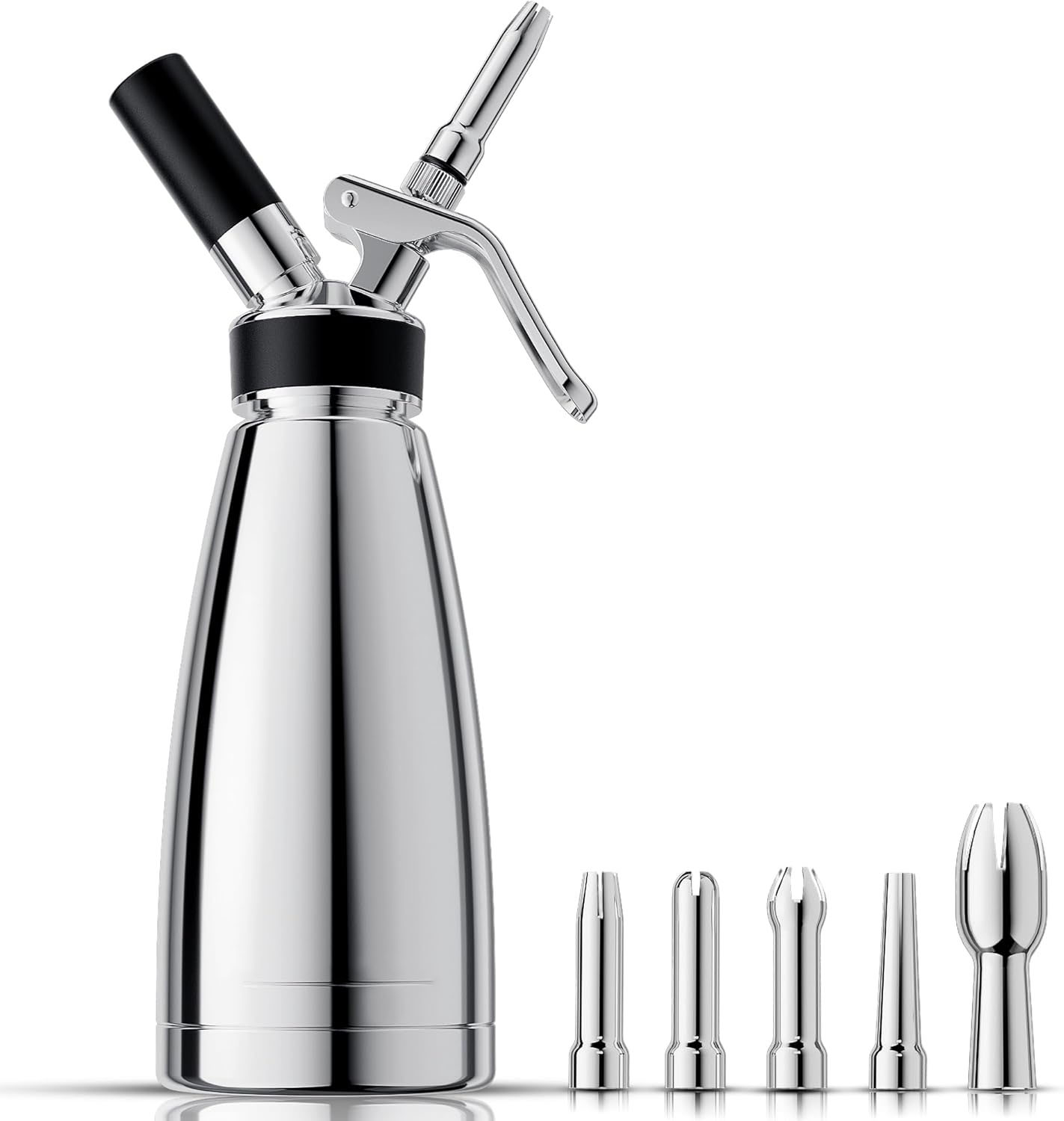 MX-500SST silver 500 ml double-wall stainless steel cream whipper with nozzle accessories on a white background