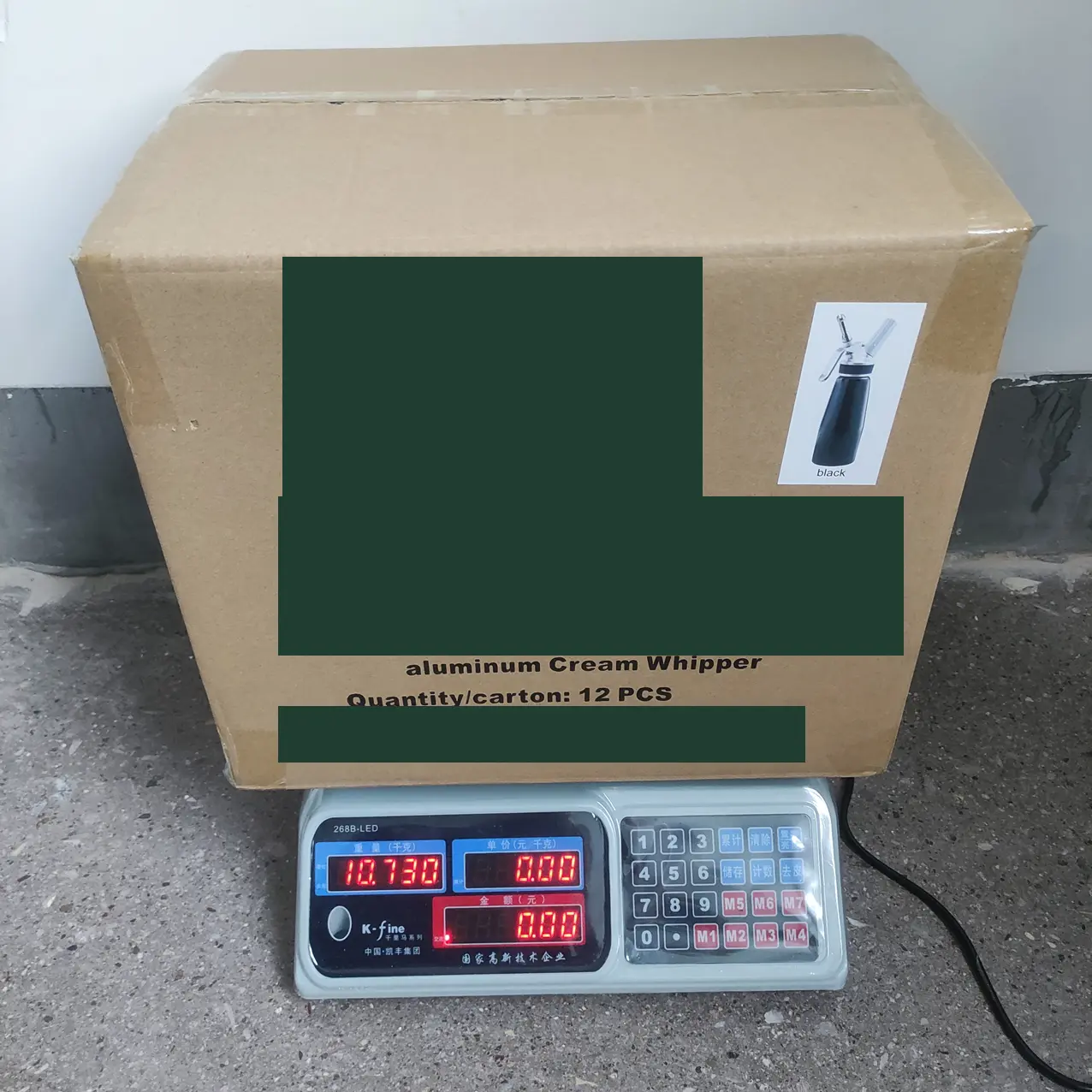 Permanently redacted packed-carton gross-weight verification for an MX-500AB order